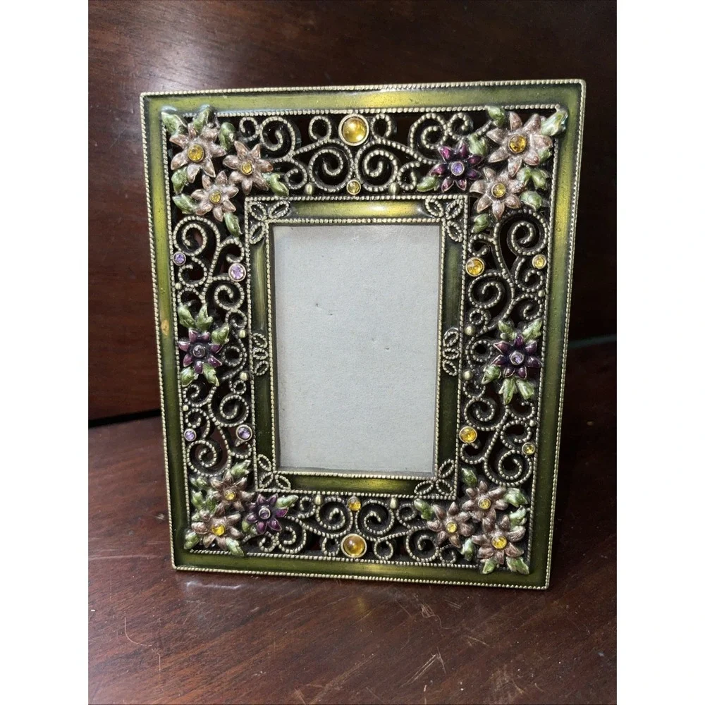 Delicate Green Metal Picture Frame With Jewels 4.5 X 5.5 Freestanding